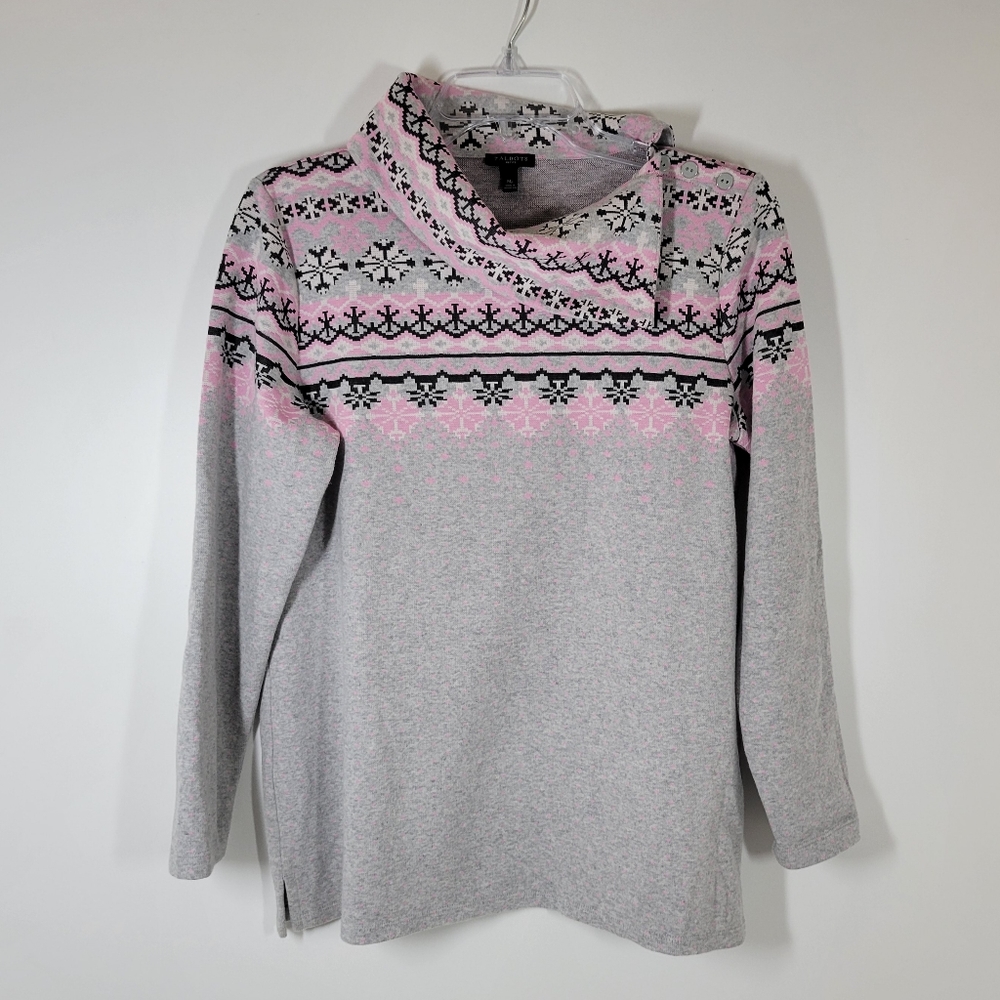 Talbots Gray Pink Snowflake Long Sleeve Sweater Women Size Medium Petite